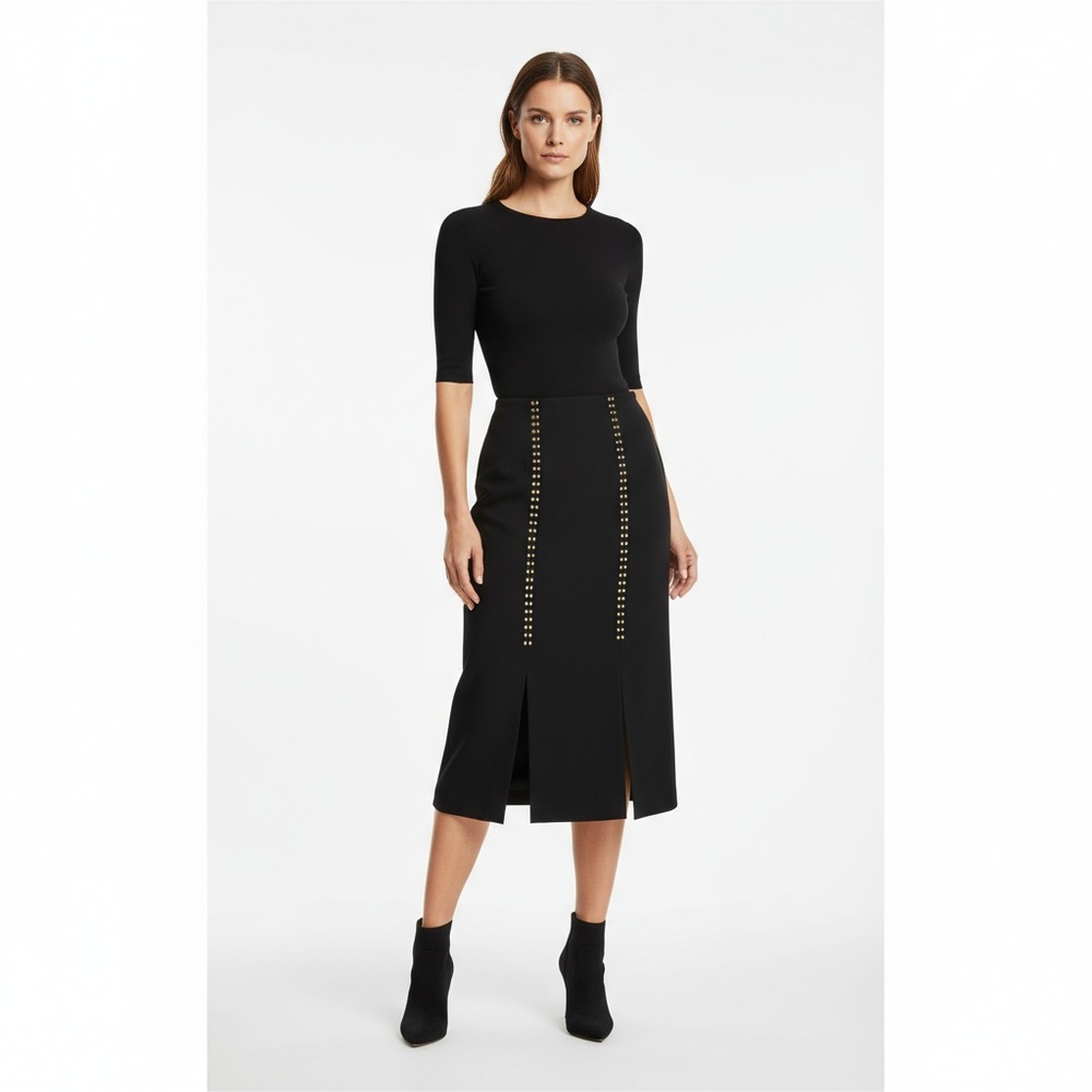 Erez Collections Midi Bedazzled Skirt 100% Wool Gold Studs Slits Black Women's S